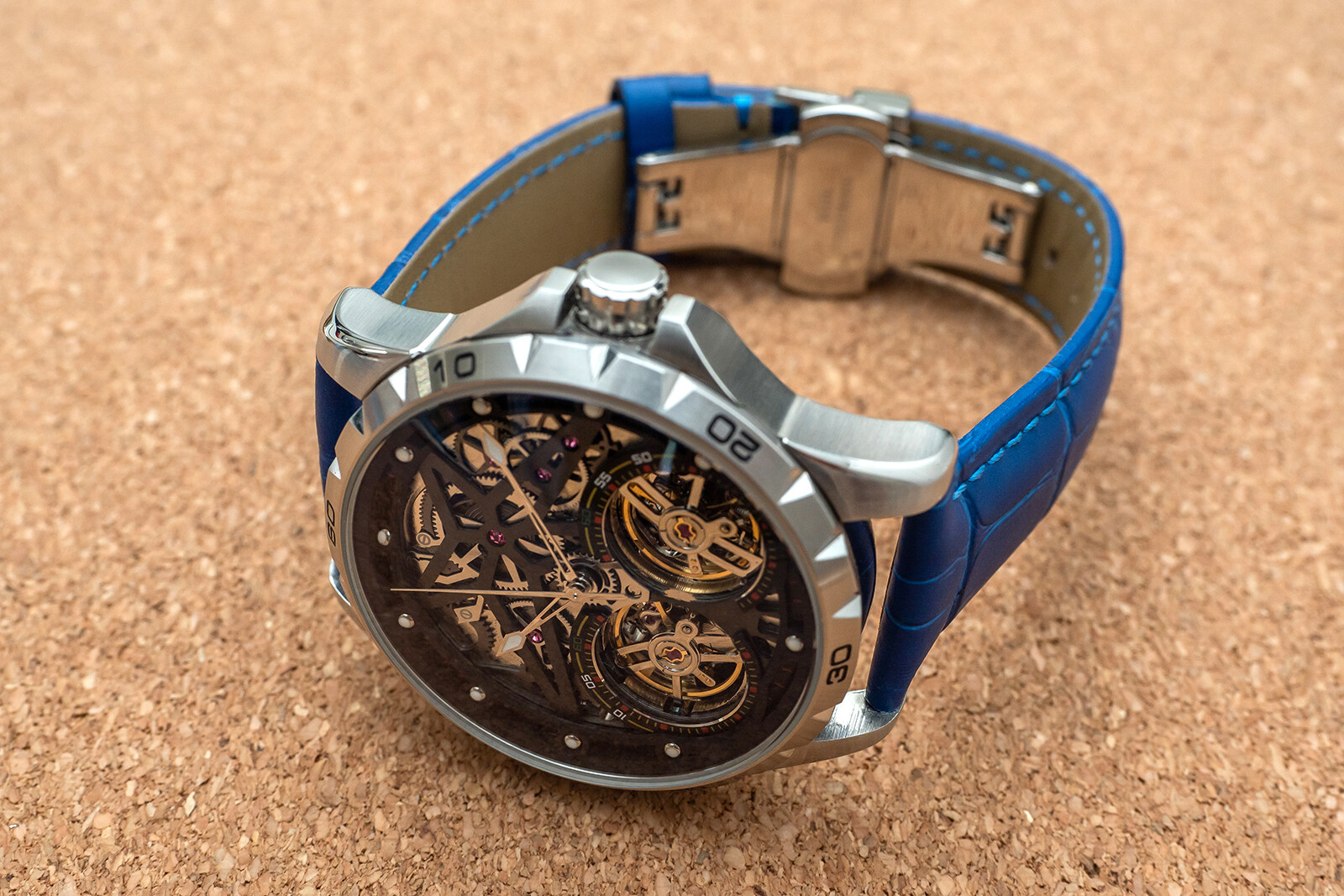 Mens Silver Double Flywheel Skeleton Automatic Mechanical Watch Blue Leather