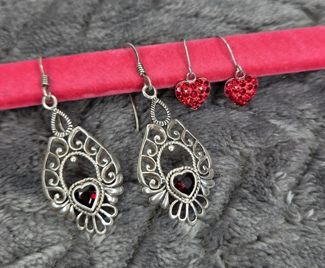 Sterling 925 Silver Stamped Earrings Set Bundle Heart Crystal Garnet Red Dangly