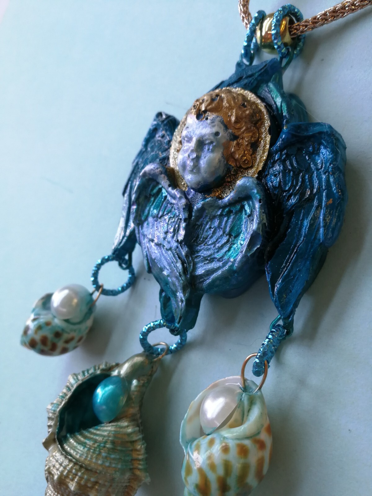 Talisman Amulet Blue Angel Rhinestone Necklace Pendant Wings Pearl Shell Jewelry