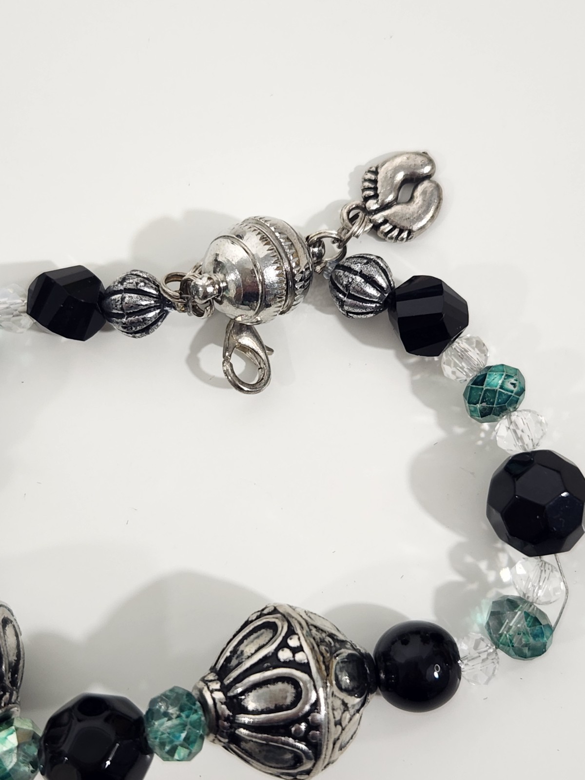 Black Silver Blue Glass Beaded Statement Necklace Rhinestone 24 in