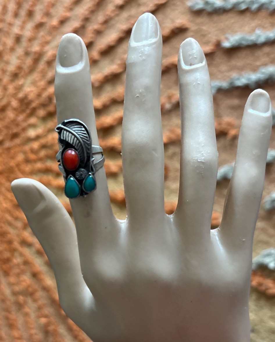 Vintage Navajo RS Roger Skeet Sterling Silver Coral Turquoise Ring Size 5.5 Leaf