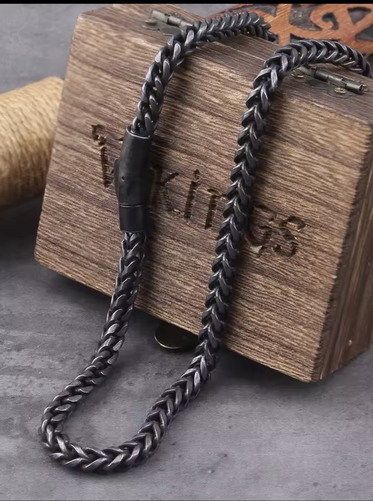 Men’s Black Silver Stainless Steel Viking Wheat Chain Necklace 60cm
