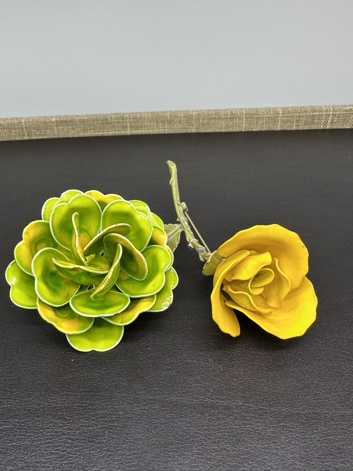 Vintage Flower Brooch Pins Metal Enamel Lot Of 2 Green Yellow