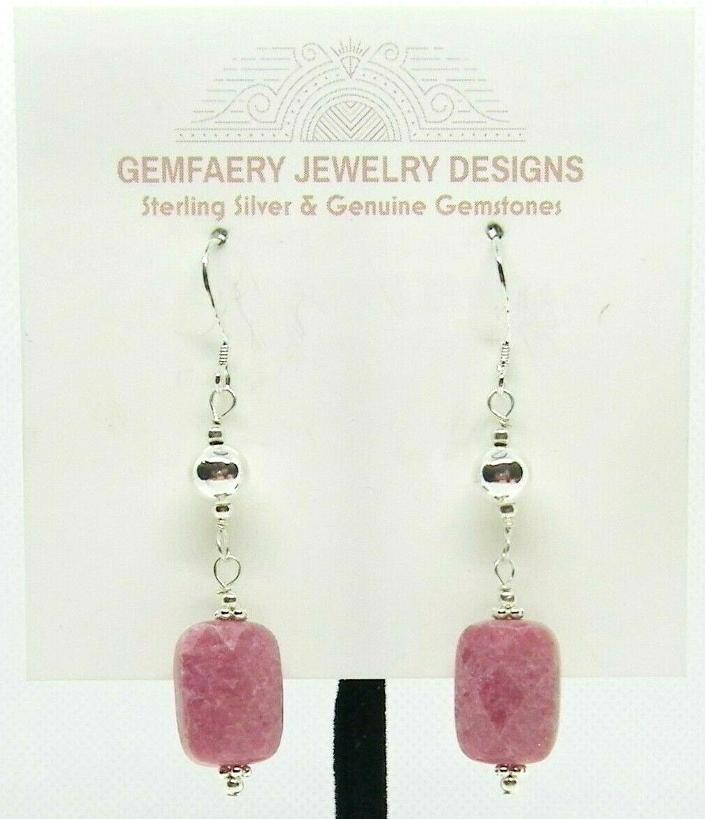 Sterling Silver Natural RHODONITE Gemstone Long Dangle Earrings…Handmade USA