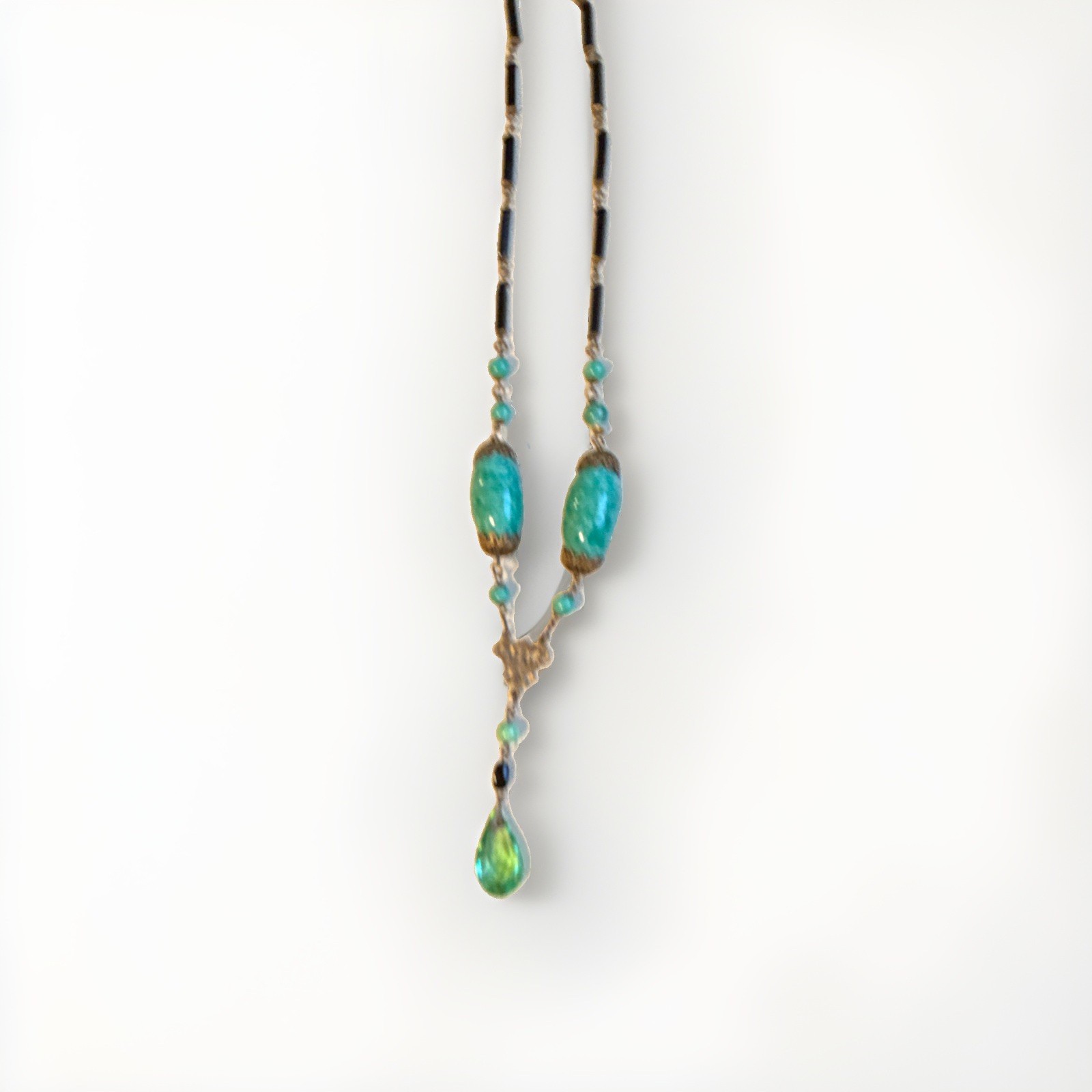 Vintage Art Deco and Pecking Glass and Brass Sautoir Necklace