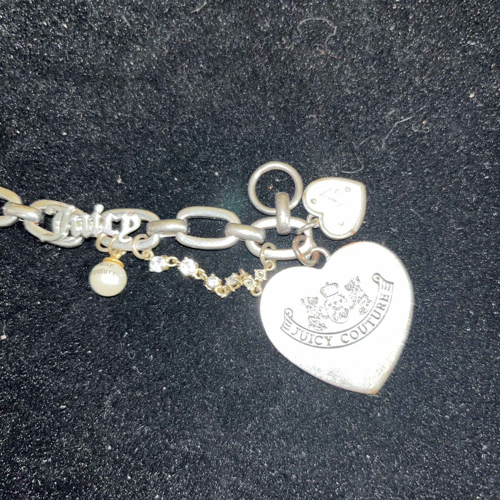 Juicy Couture LET THEM EAT COUTURE Heart Pearl Charm Bracelet Silver Tone