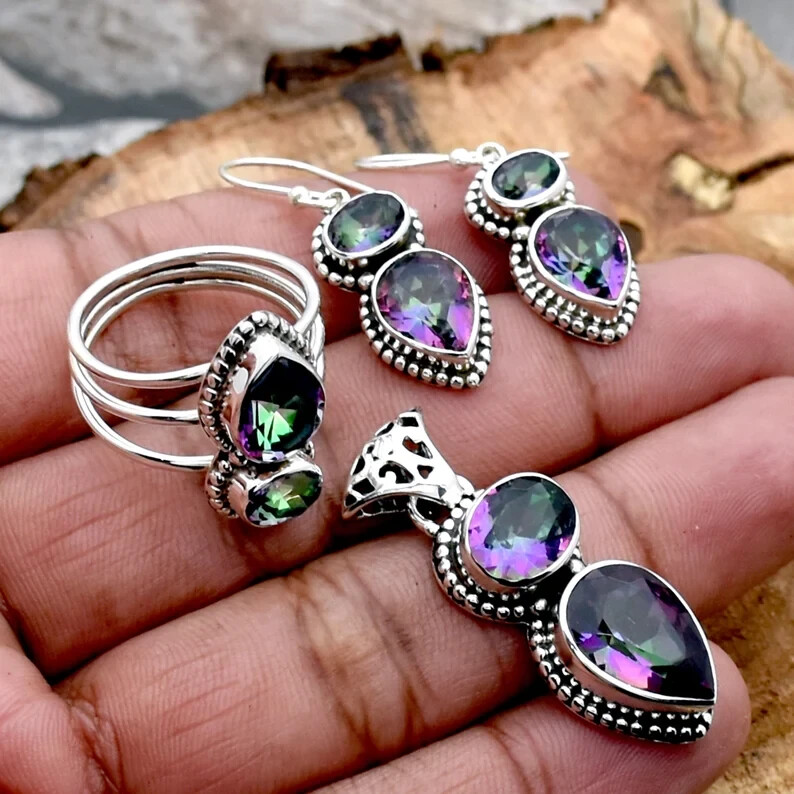 Mystic Topaz Ring,Pendant,Earing Gemstone 925 Sterling Silver Handmade Pendant