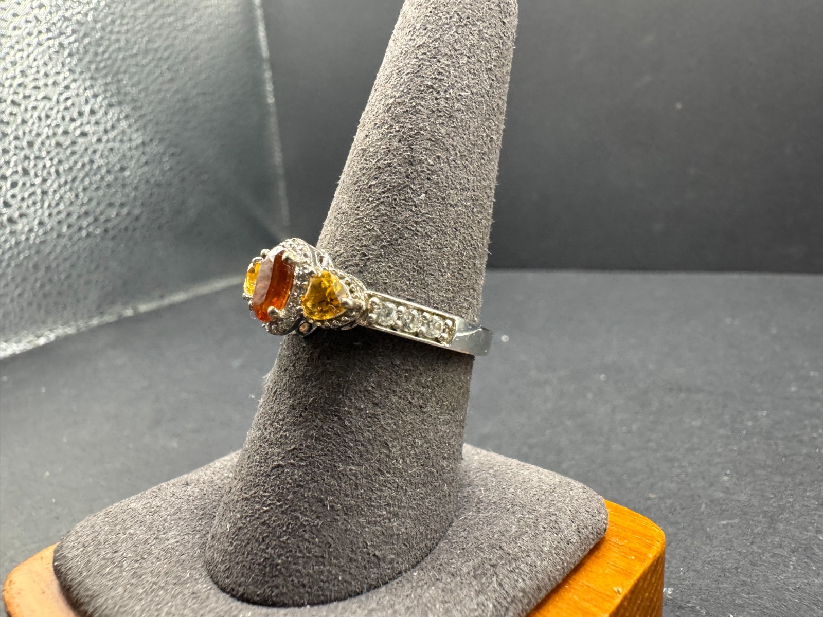 Vintage Sterling Silver 925 Hessonite Citrine Three Stone Halo Ring Accent