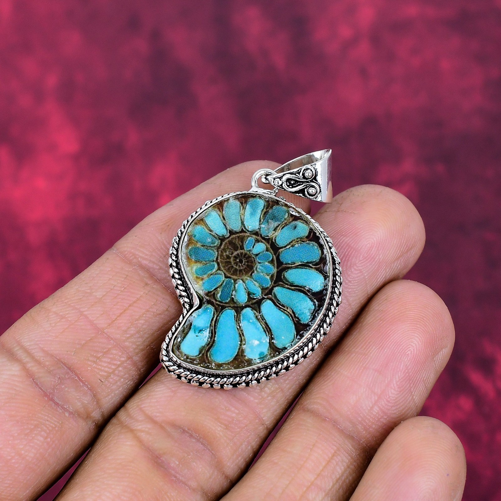 Ammonite Fossil Gemstone Handmade 925 Sterling Silver Beautiful Pendant Jewelry