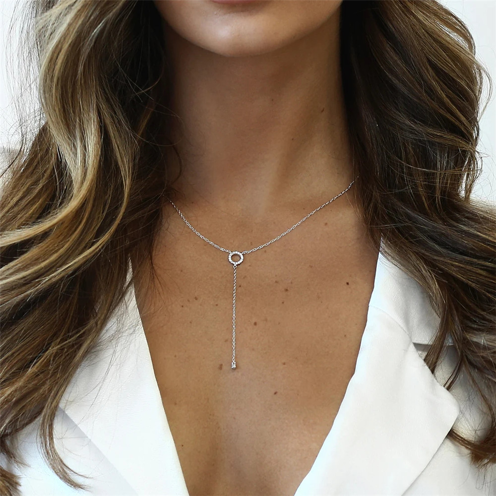 925 Sterling Silver CZ Circle Drop Y Lariat Necklace for Women