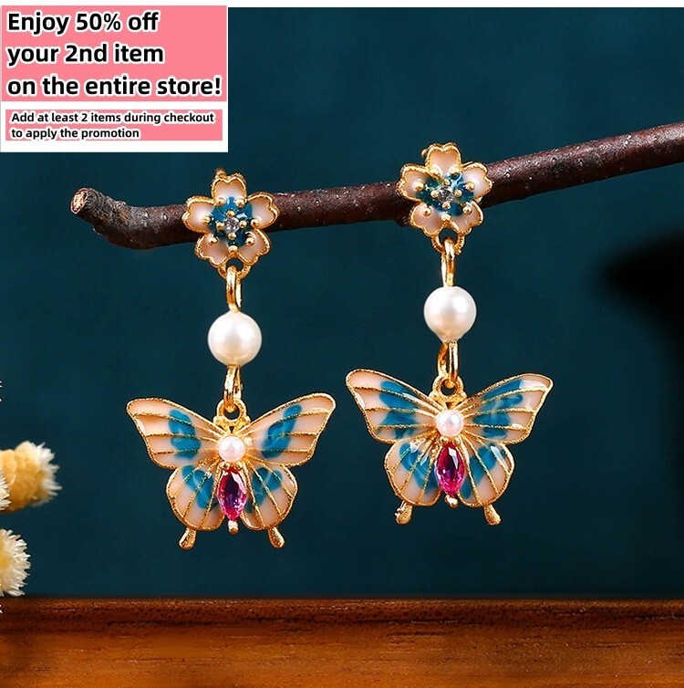 Pearl Gemstone Drop Dangle Earrings Butterfly Flower Bohemian 18K Gold Plated