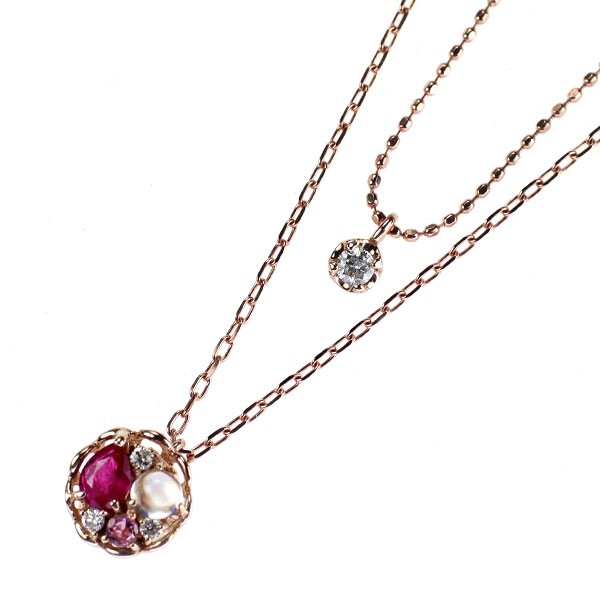 K10PG ruby pink tourmaline moonstone diamond pendant necklace D0.08ct 2 rows – A