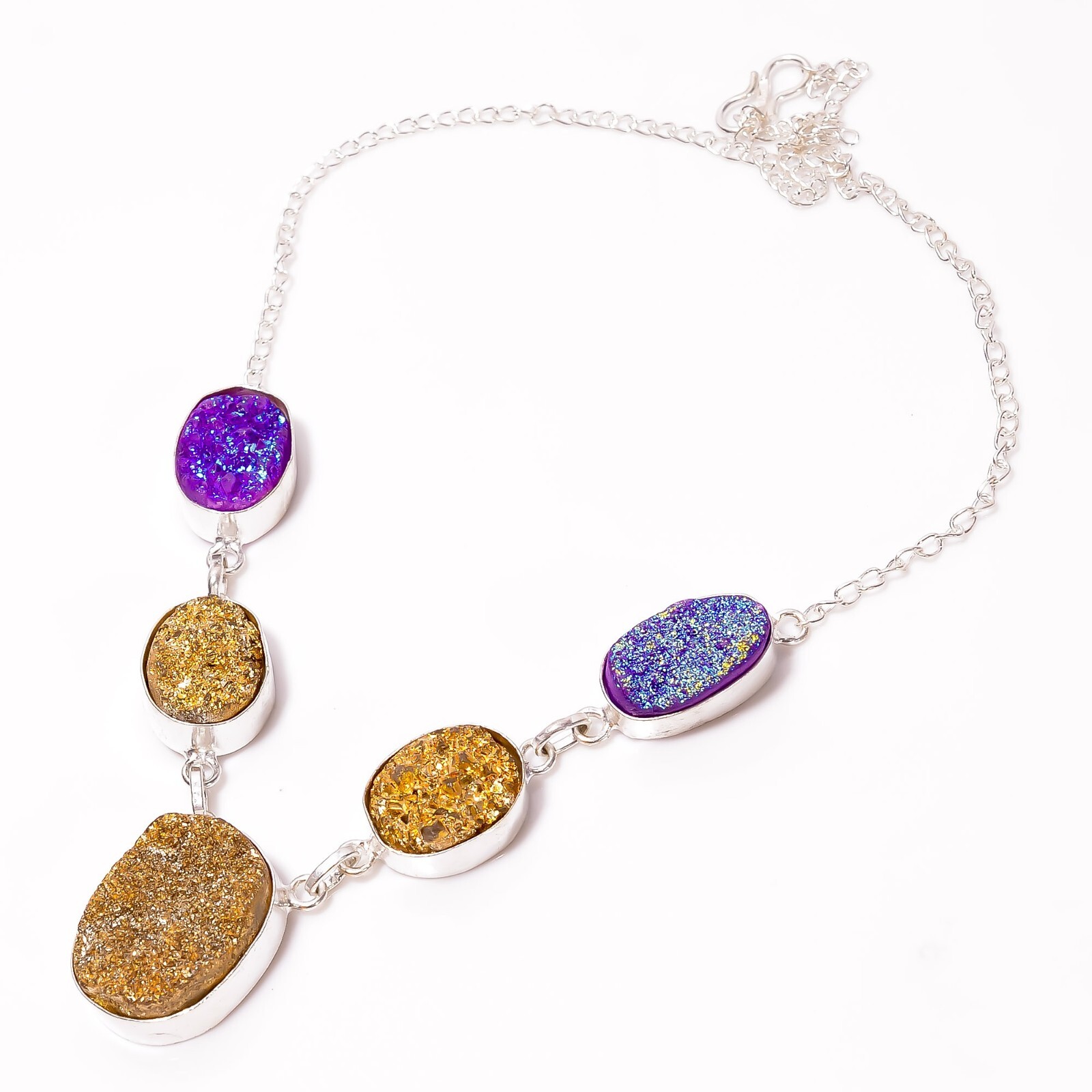 Womens day Sale Natural Multi Titanium Druzy Chain Hook Wife Necklace 925 Silver
