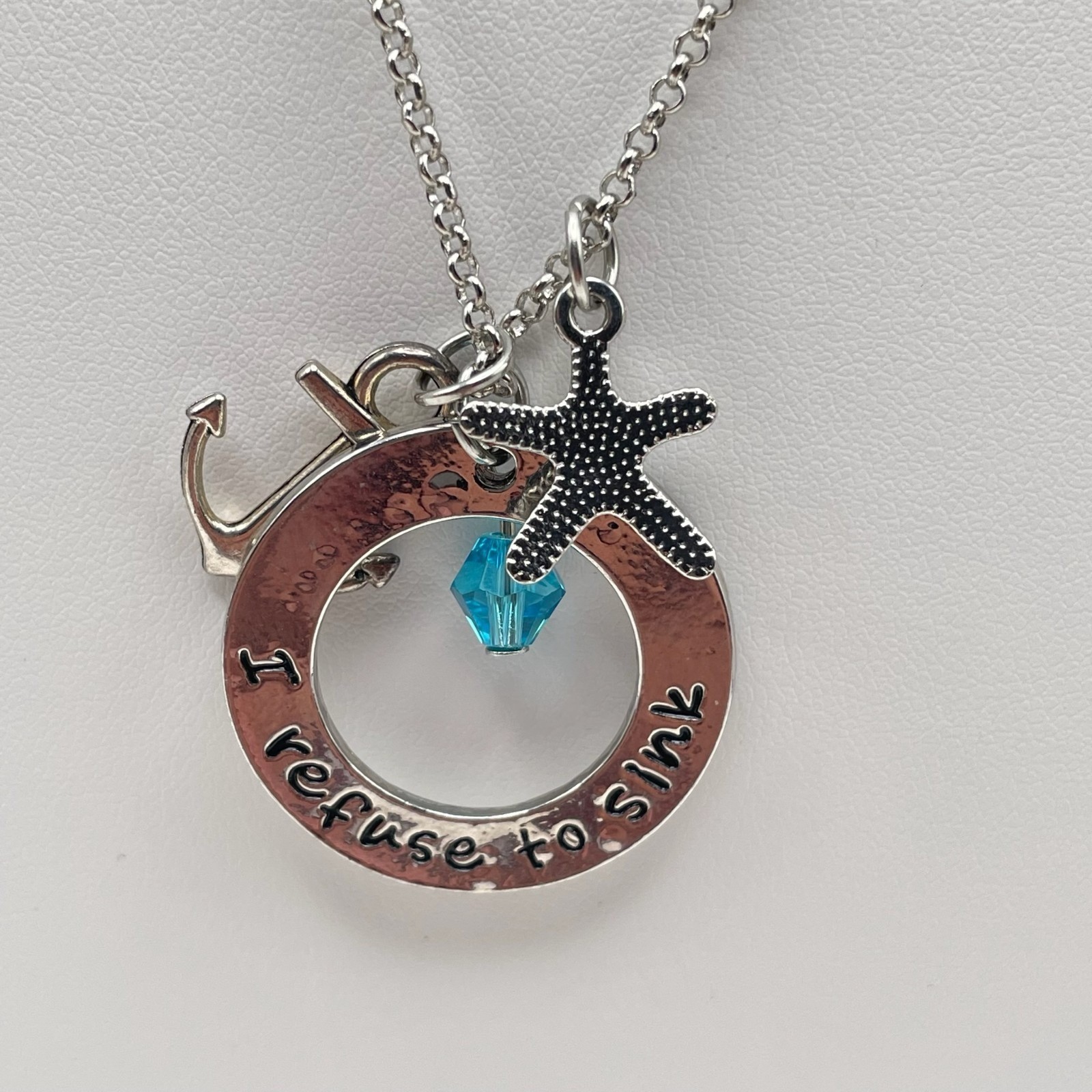 Vintage Y2K Silver Tone I Refuse to Sink Anchor Starfish Teal Crystal Necklace