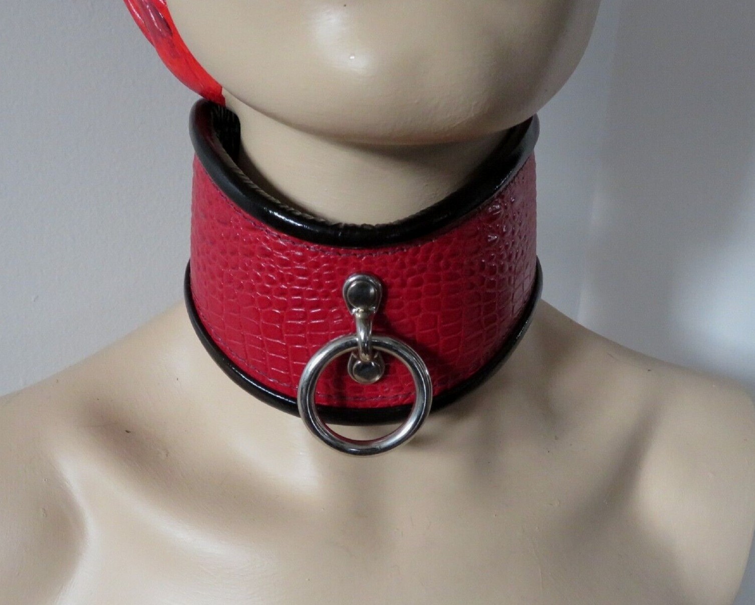 Leather Patent Leather Posture Collar with D & O Rings, Red Handcrafted USA