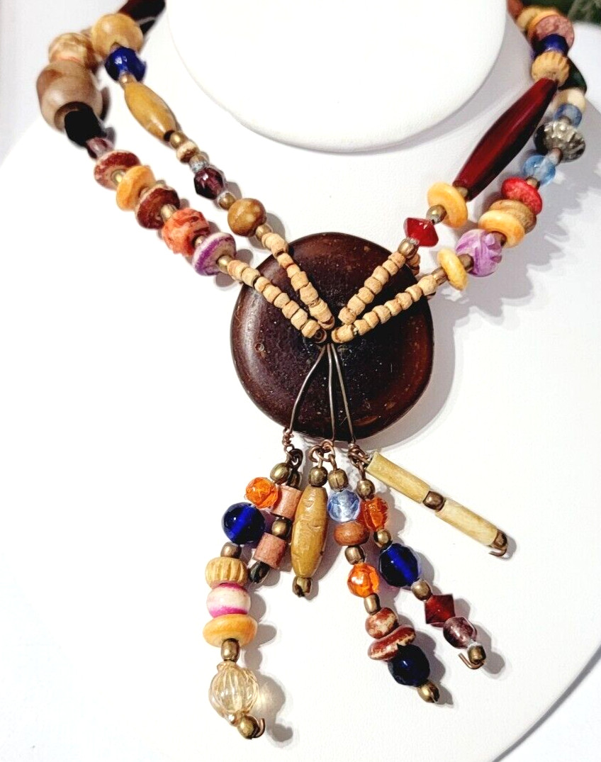 Tribal Beaded Necklace Pendant Colorful Mixed Materials Glass, Wood br01-02