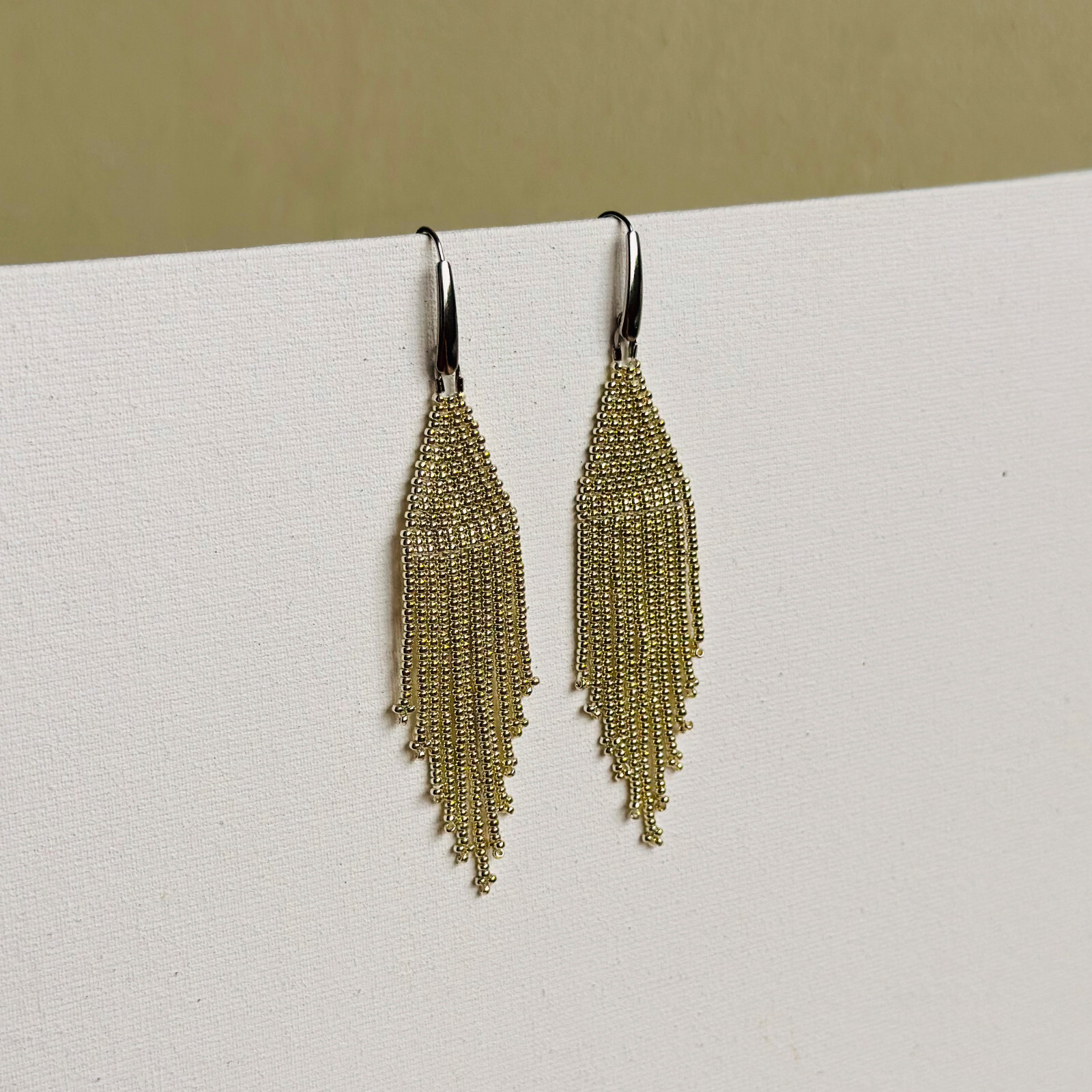 Silver beaded earrings with fringe, Shining long Miyuki seed bead earrings