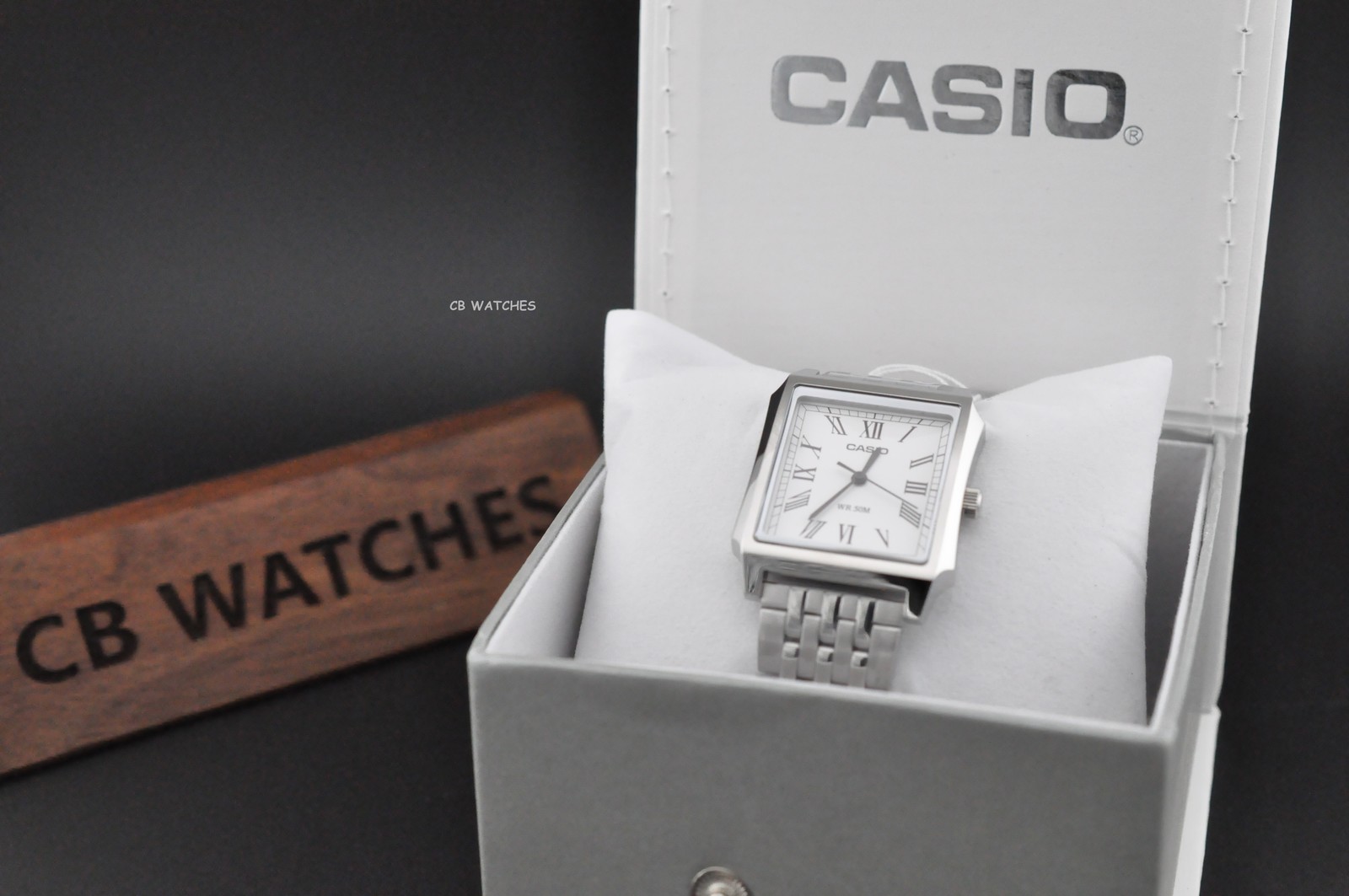 Casio MTP-B190D-7B Mens TANK Quartz Watch Silver Dial Stainless Steel