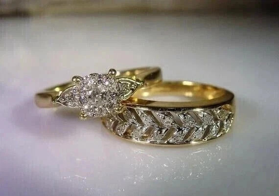 Round Cut Lab Created Diamond 14K Yellow Gold FN Wedding Bridal Band Ring Set