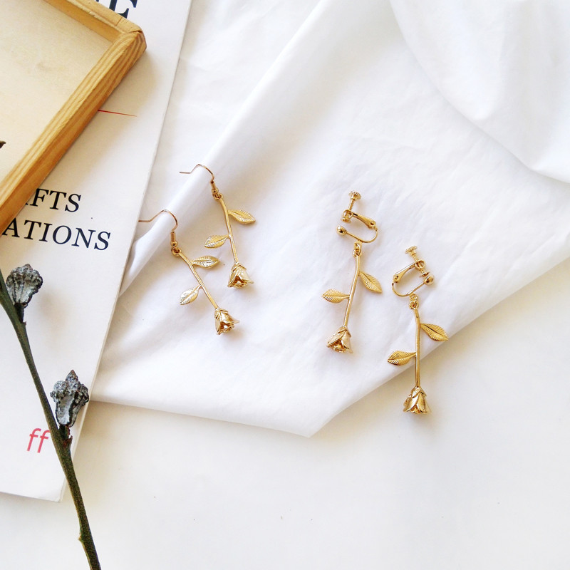 Women’s Fashion Jewelry Gold Color Flower Pendant Earrings Charm Rose 59-2