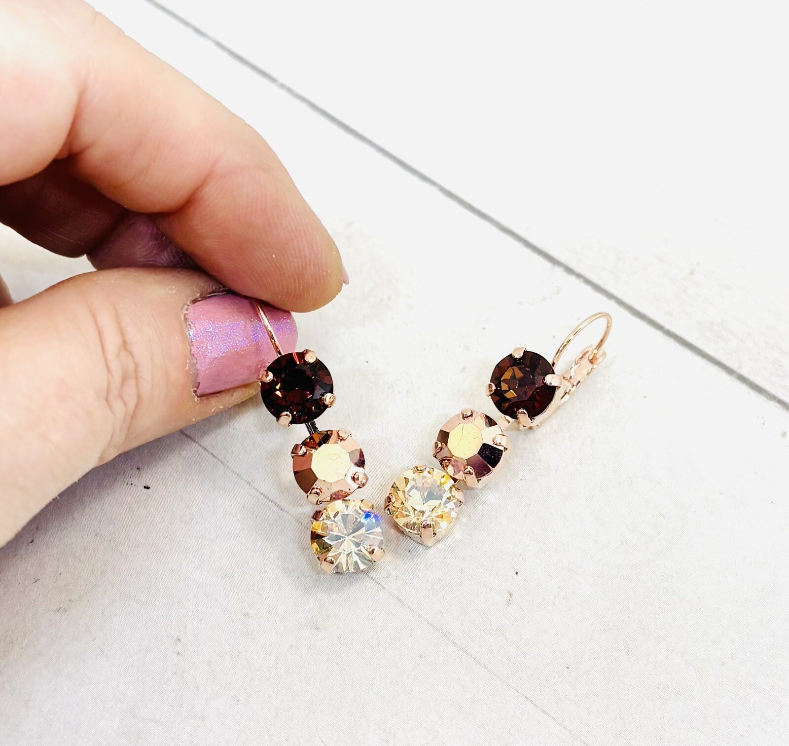 Rose Gold Plated Chocolate Brown and Rose Gold Triple Stone Cup Chain Earrings