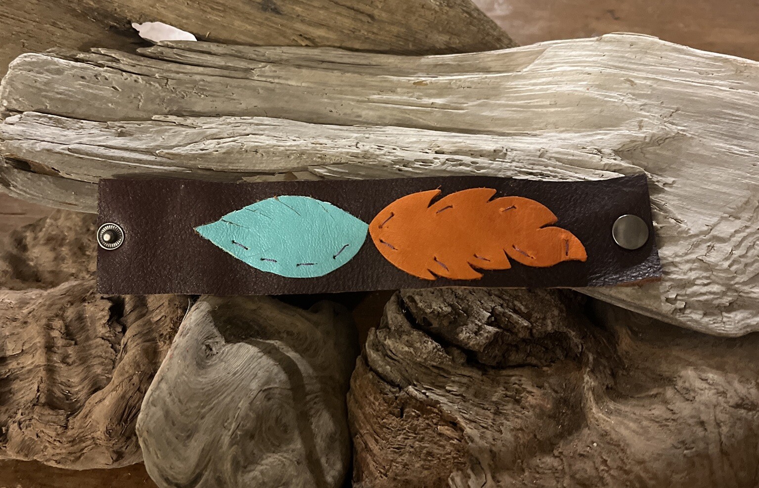 Brown Leather Cuff With Blue And Orange Leaves