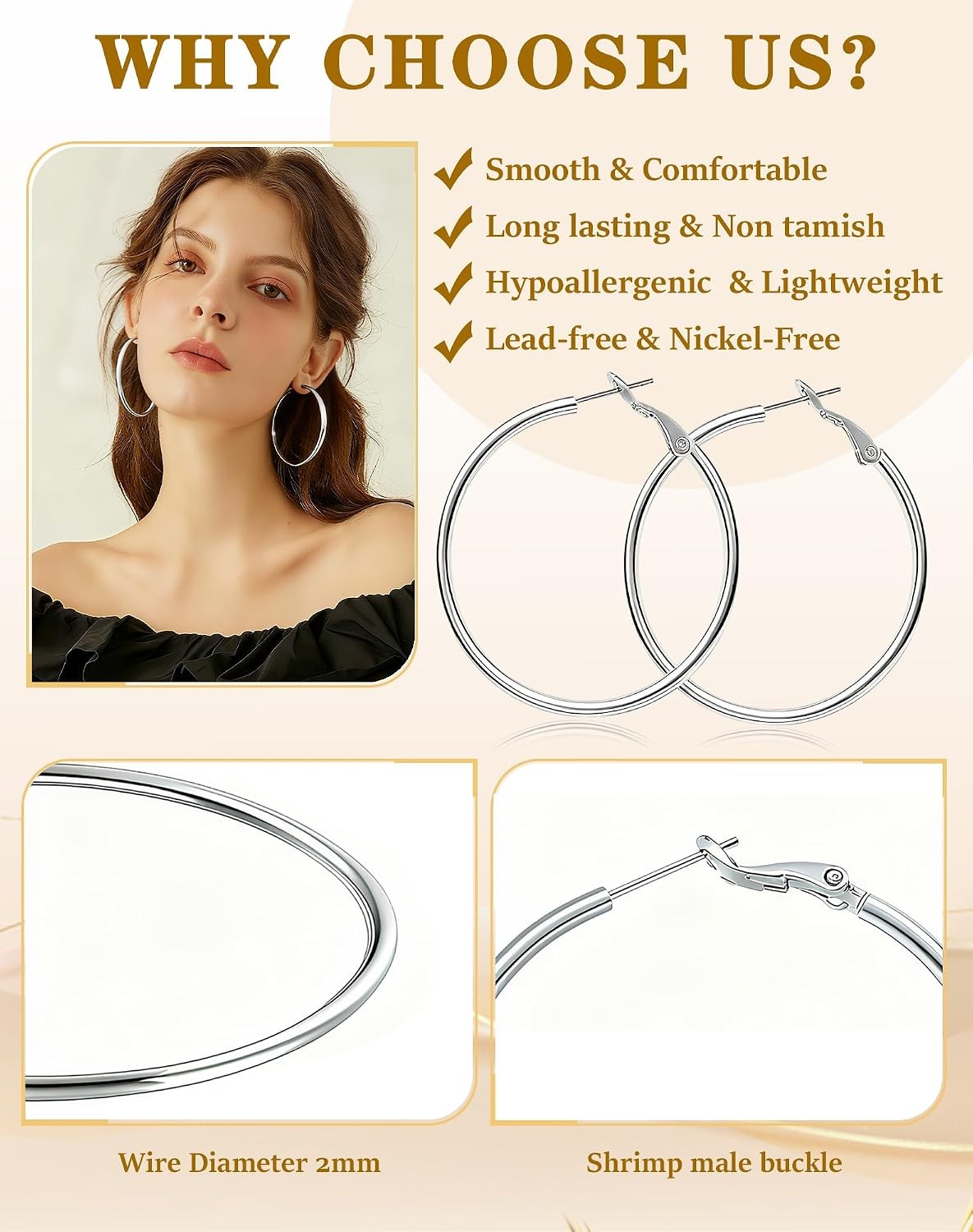4 Pairs Sliver Hoop Earrings for Women Hypoallergenic Surgic Steel 30/40/50/60Mm