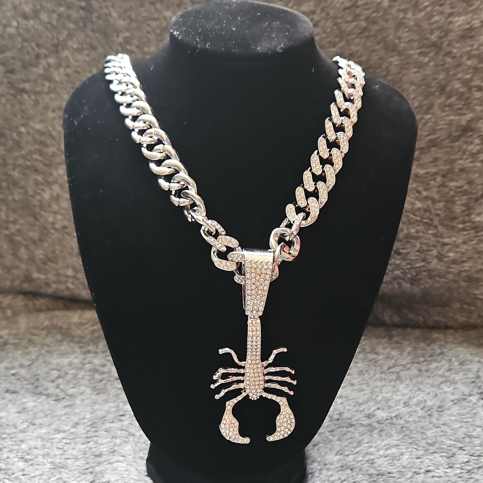 Silver Tone Cuban Link Chain Necklace w/ Pavé Clear Crystal Scorpion Charm