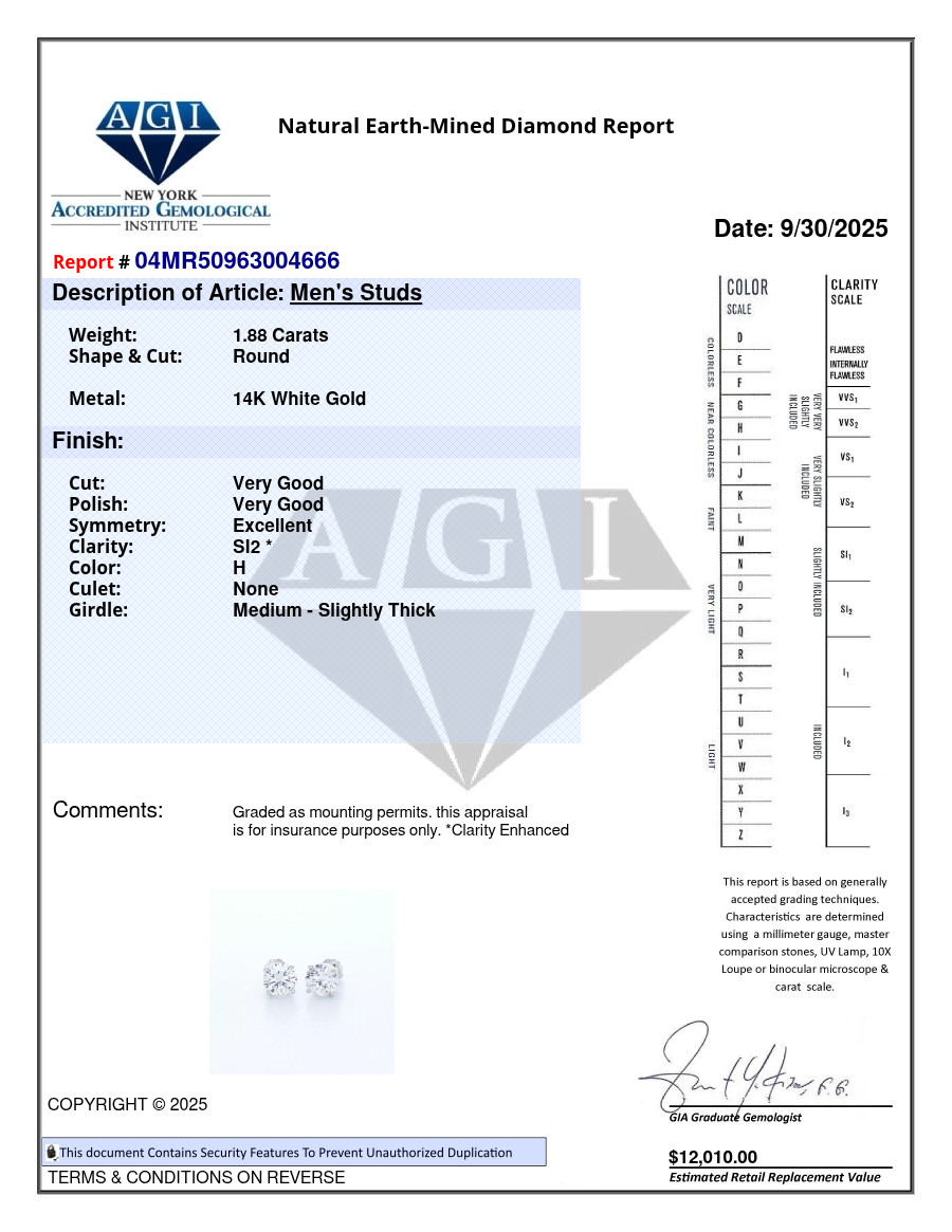 Classic Stud Earrings Solid 14K White Gold 1.88 CT Round Natural Diamond H SI2