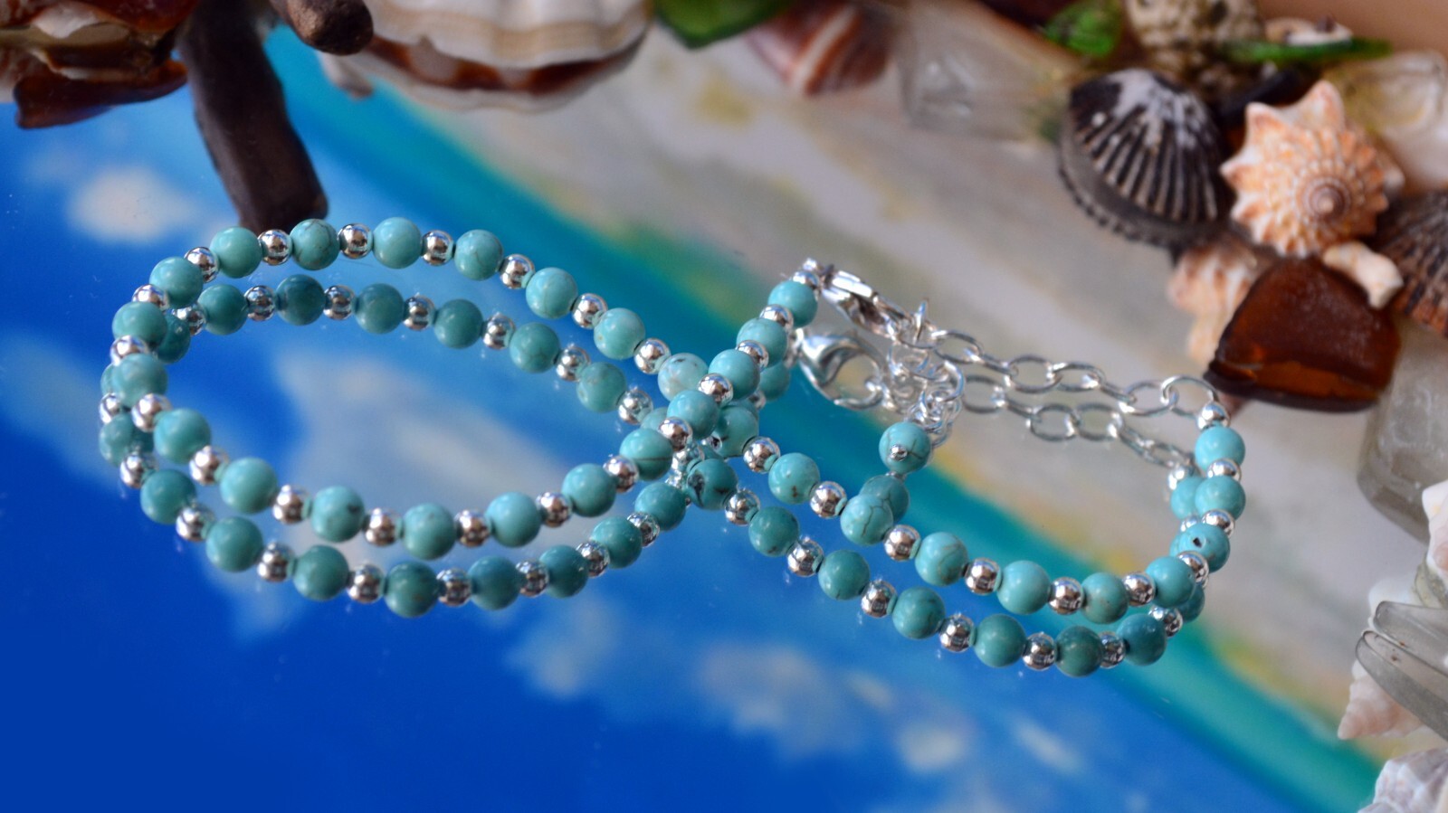 4mm Turquoise Bead and 3mm Sterling Silver Bead Ankle Bracelet 9 to 11 Inches