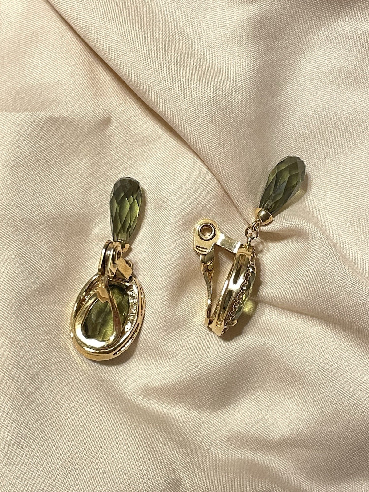 Vintage Monet Gold Tone Green Faceted Crystal & Teardrop Pavé Clip-On Earrings