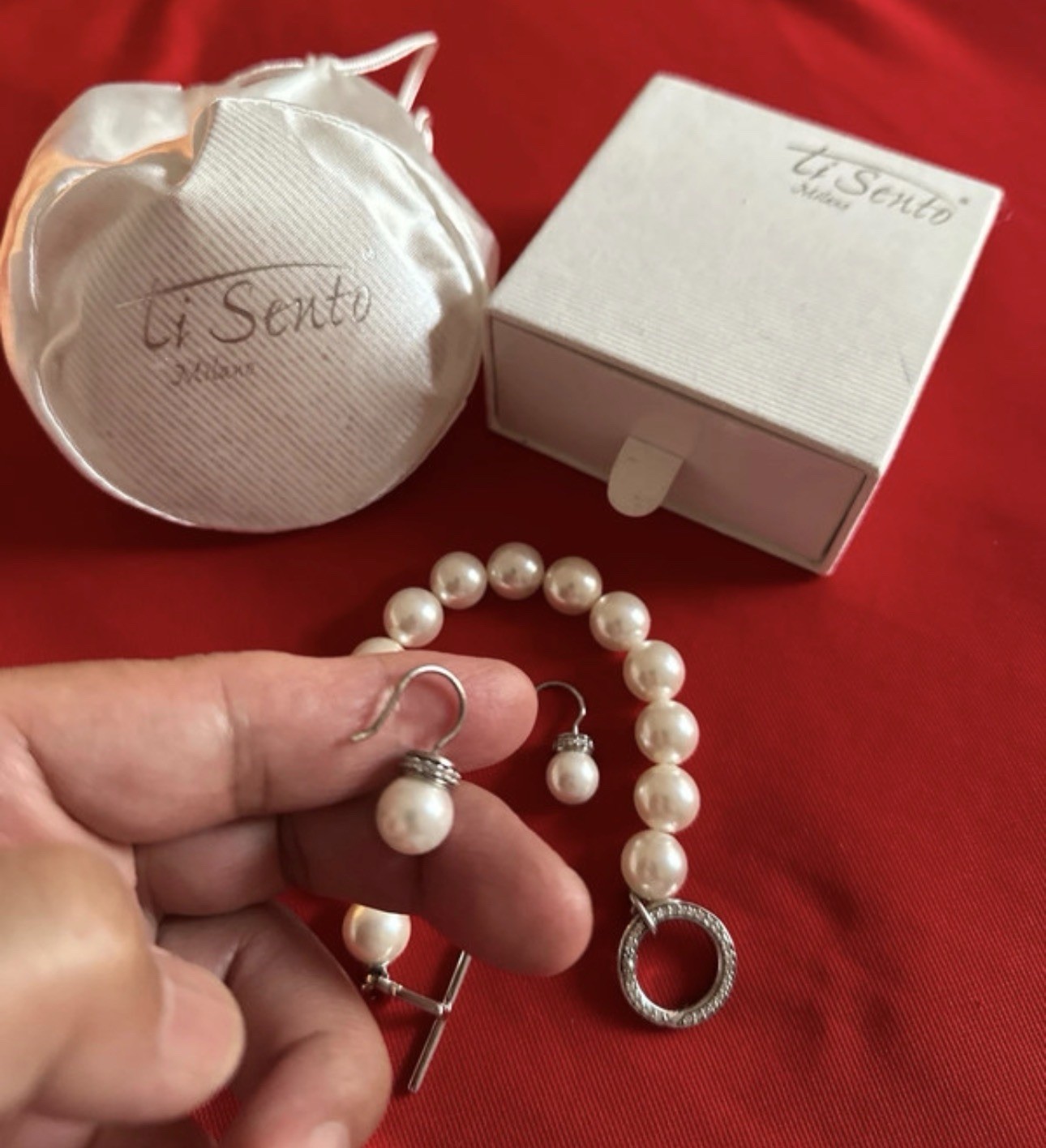 Ti Sento Milano pearl jewelry set sterling silver bracelet & drop earrings pavé