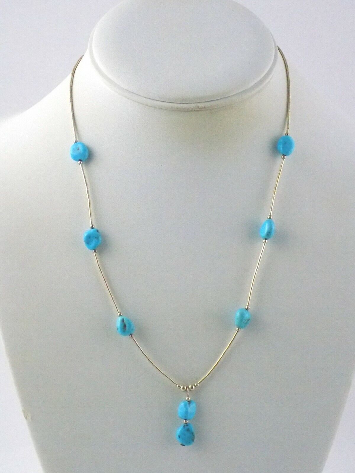 Southwestern Sterling Single Strand Turquoise Liquid Silver Necklace 6.4g 18.5In
