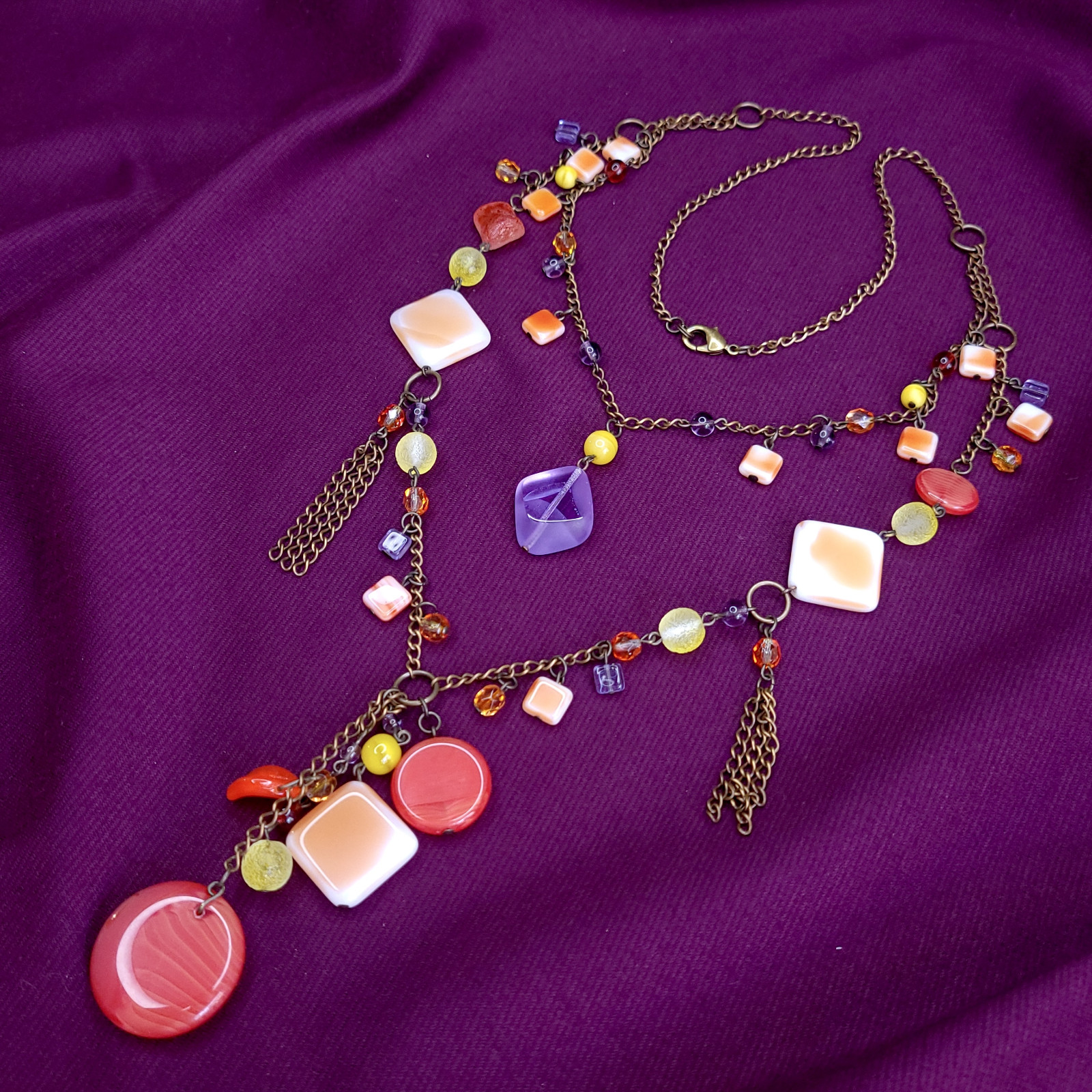 Necklace 24″ Red Orange Glass Czech Beads Vintage Style