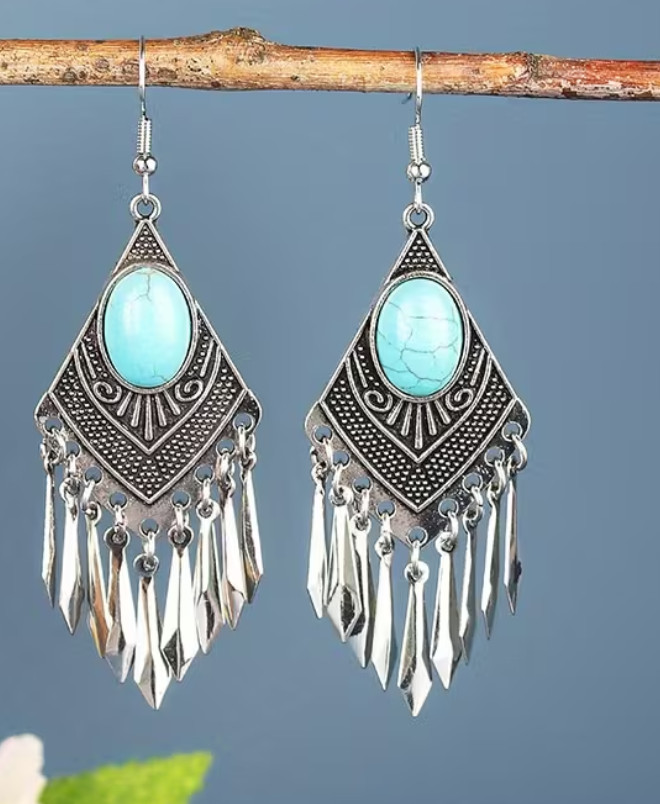Bohemian Ethnic Style Turquoise Design Hook Earrings Zinc Alloy Silver Plated