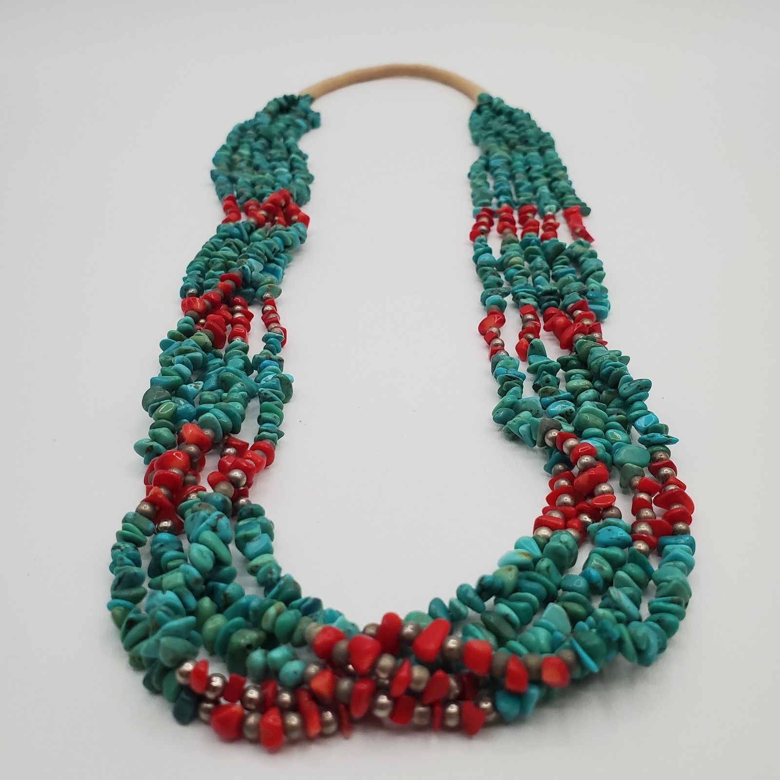 Turquoise Red Coral Necklace 28in Multi Strand Chip Bead Southwest Tribal Wrap