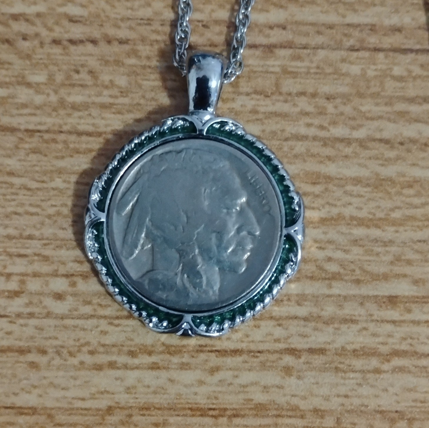 Silver Metal Coin Pendant Buffalo nickel head Necklace 24in Rope Chain Clasp