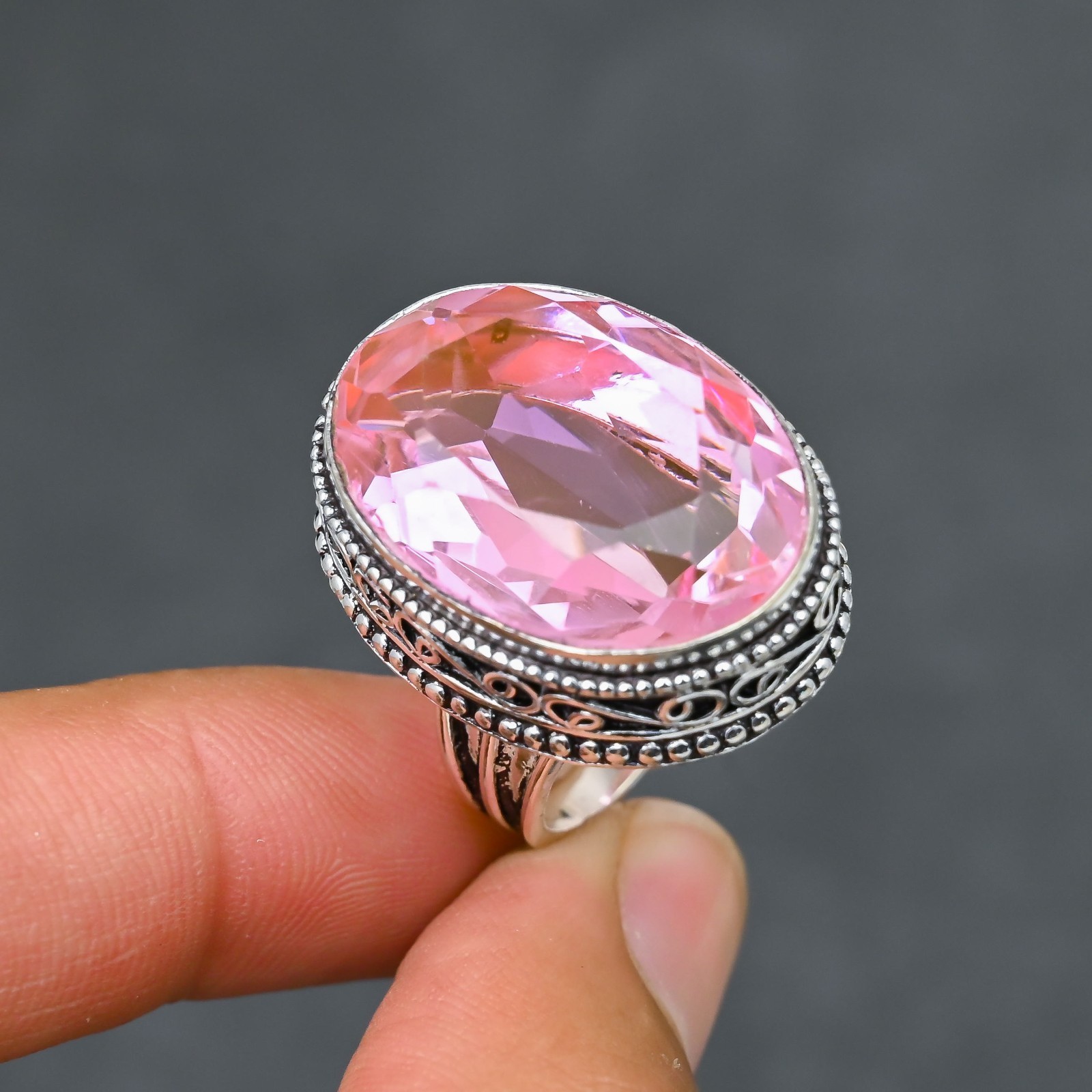 Pink Kunzite Gemstone Silver Ring 925 Sterling Silver Ring Silver Statement Ring