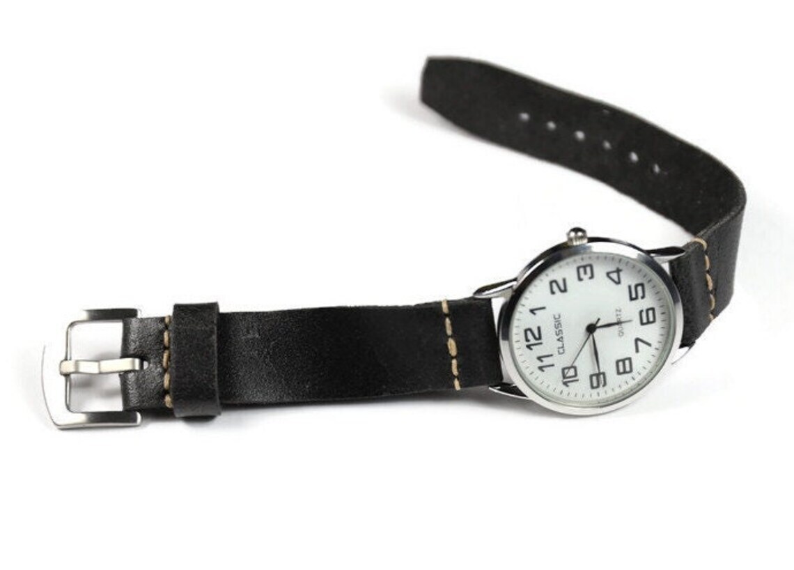 Distressed leather watch band Soft, Black watch strap 18mm 20mm 22mm 24mm