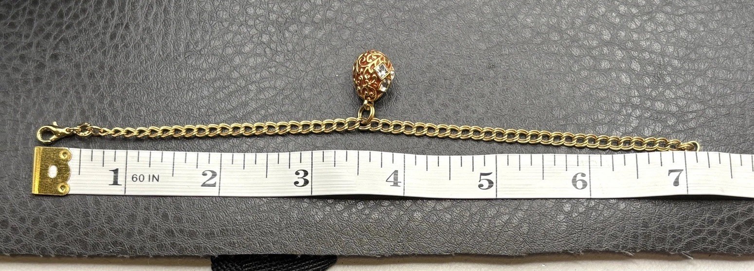 VTG Gold Tone Enamel Egg Charm Bracelet Clear Crystal Accents Double Link Chain