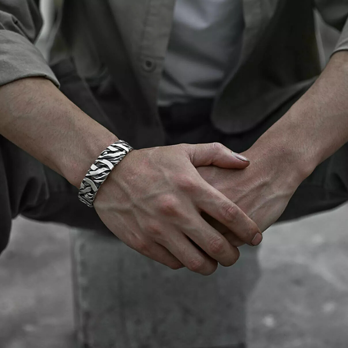 Men Bracelet Sterling Silver Retro Twisted Open Wide Bangle Cuff Bracelet USA