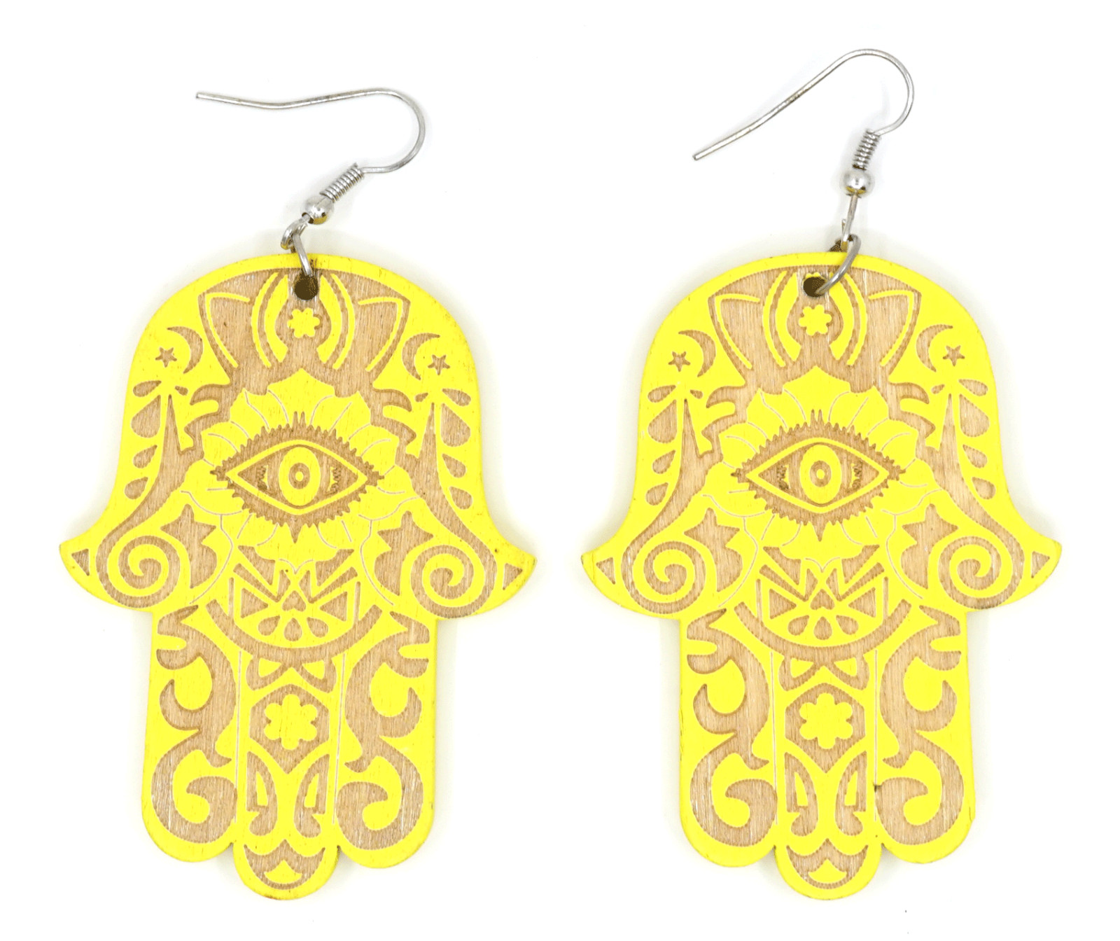 TB Hamsa Hand of Fatima Evil Eye Colorful Wood Natural Dangle Fashion Earrings