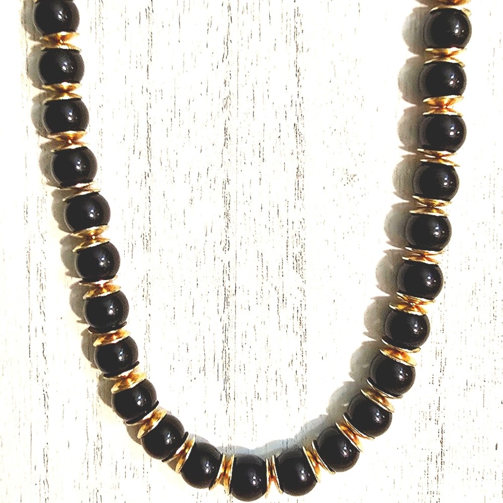 Charming Charlie Gold Tone Necklace With Black Beads – Approx 18 Inches Long