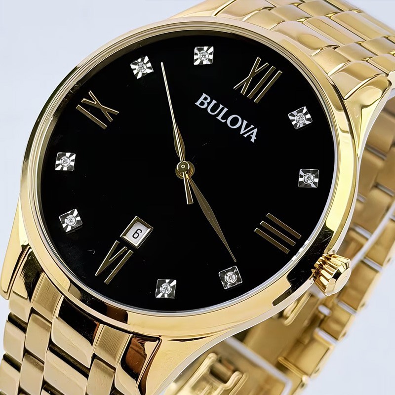 Bulova Men’s Classic 97D108 Diamond Black Dial Gold Bracelet Quartz Watch 40mm