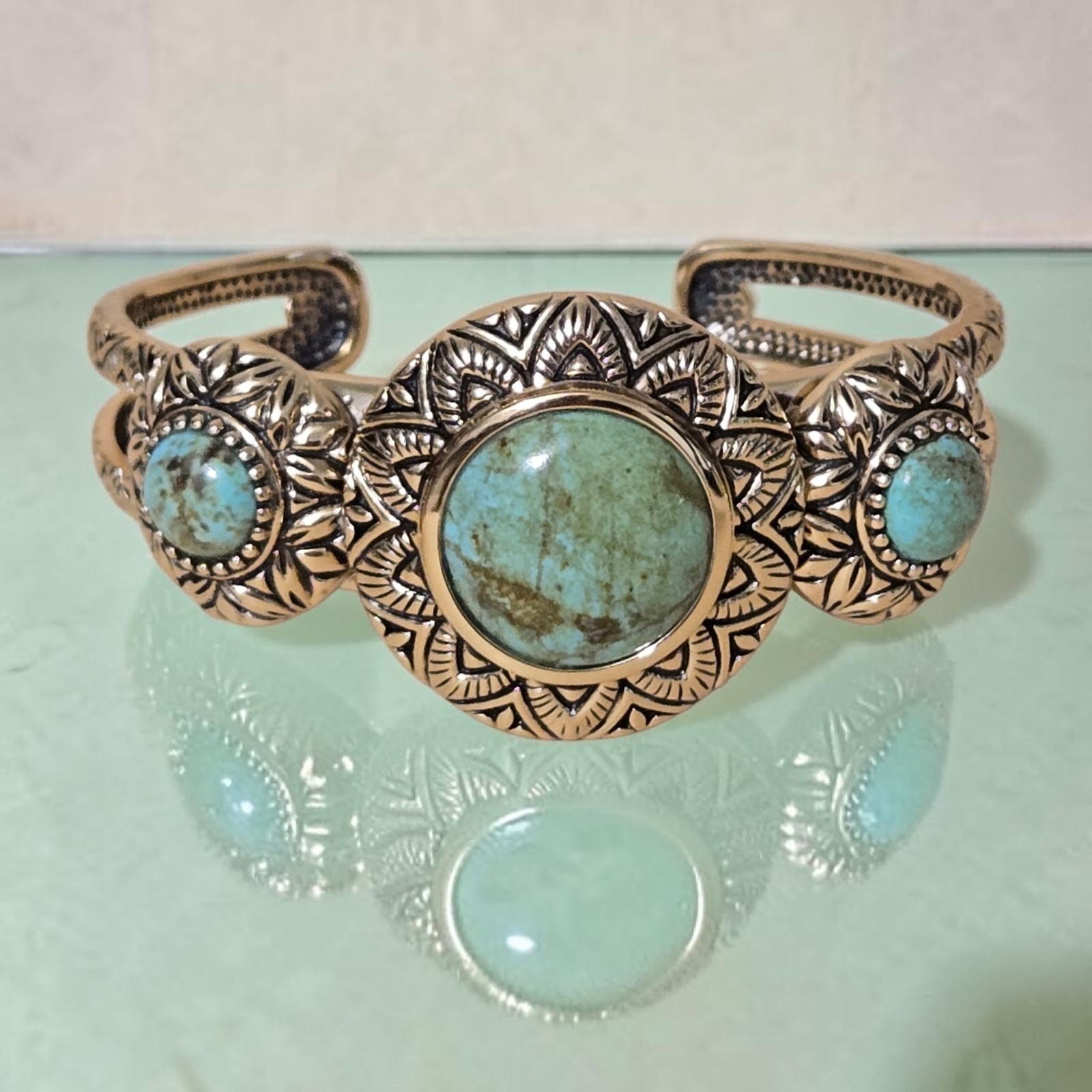 Barse Studio Gold Bronze 3 Turquoise Cuff Bracelet Southwest Jewelry Mayan