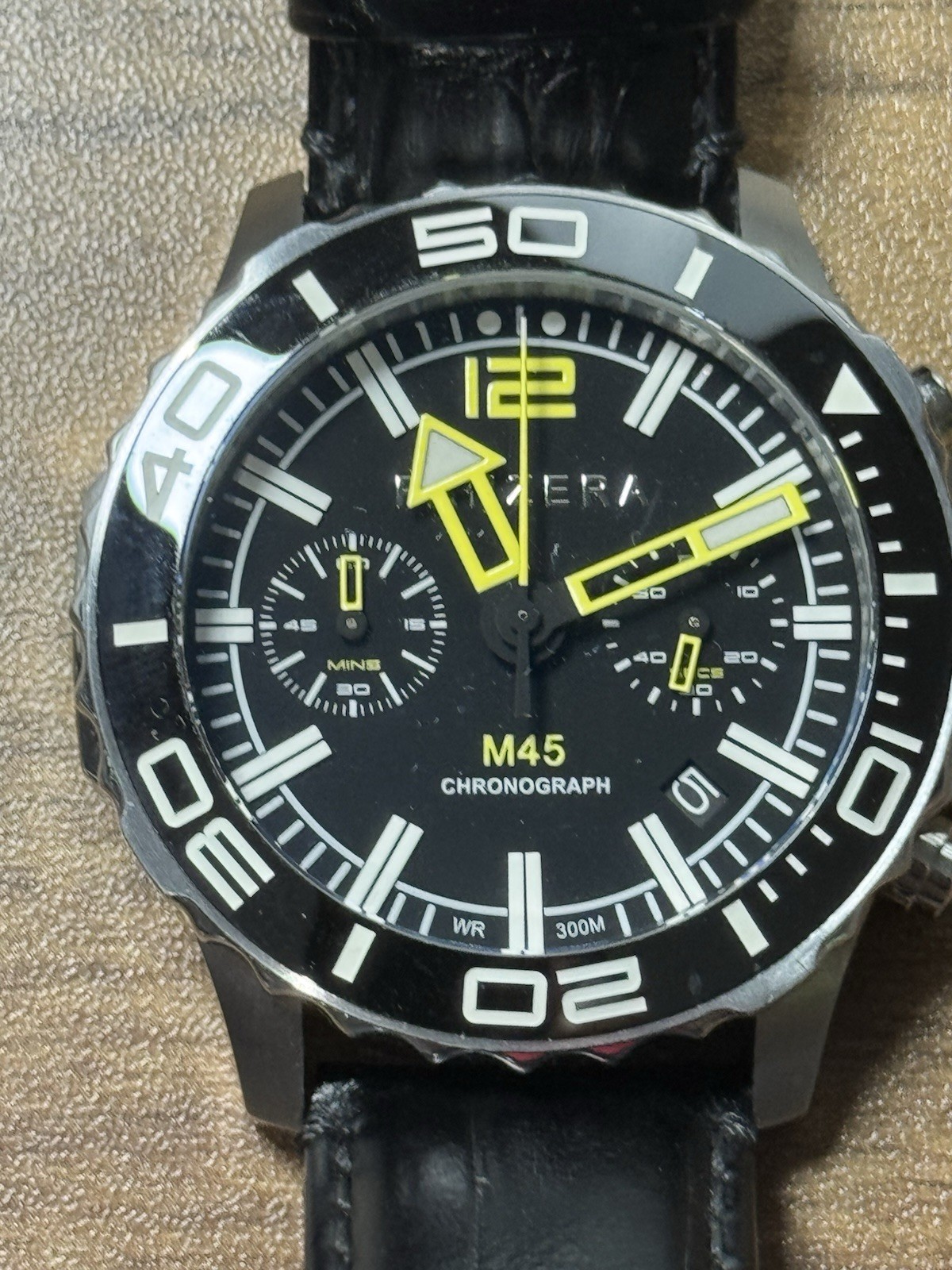 Panzera M45 Chronograph Men’s 45mm Quartz Black Dial Black leather Strap 300m