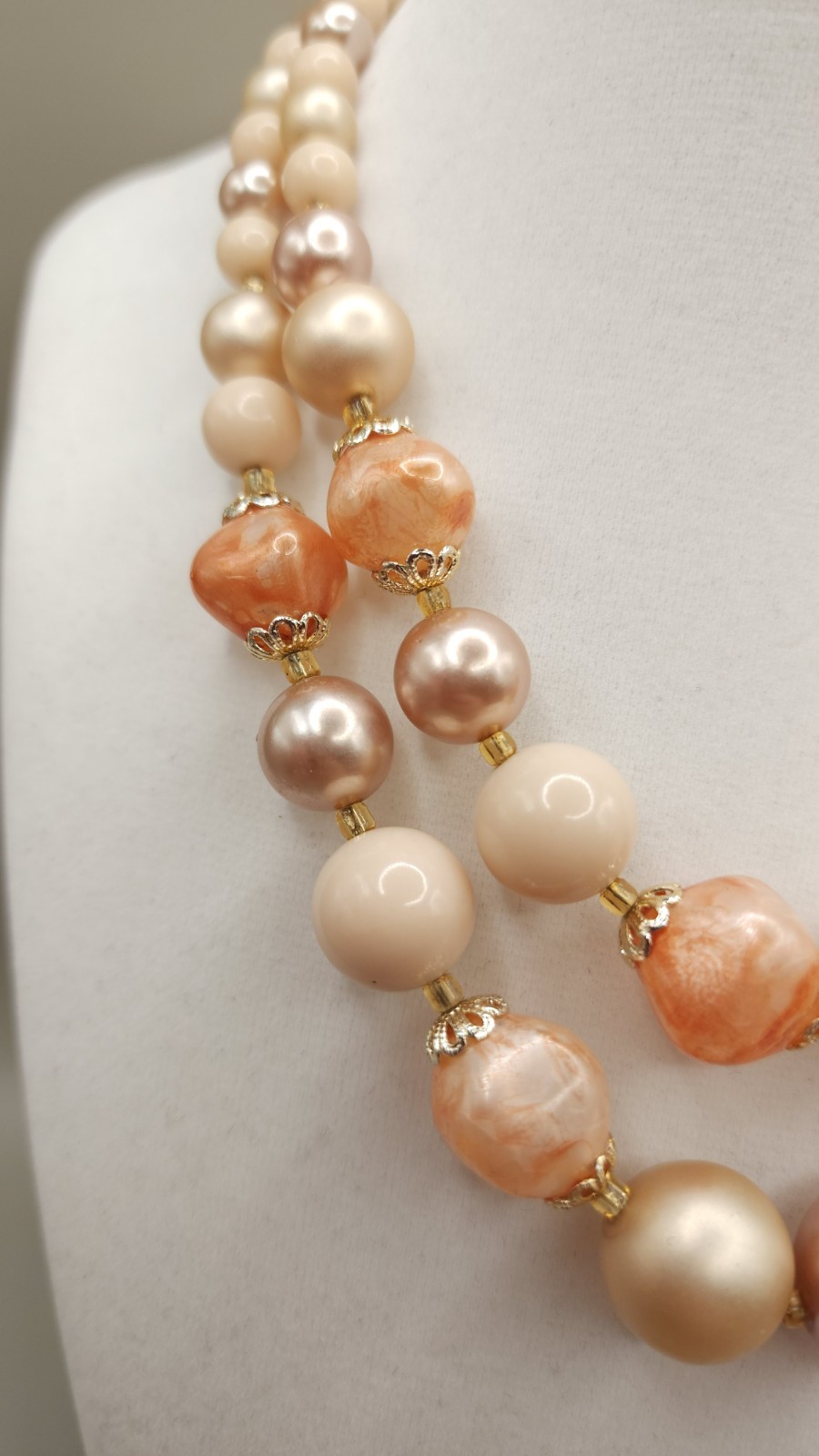 Vintage 1950s Japan Double Strand Bead Choker Necklace Peach Pink Faux Pearl MCM