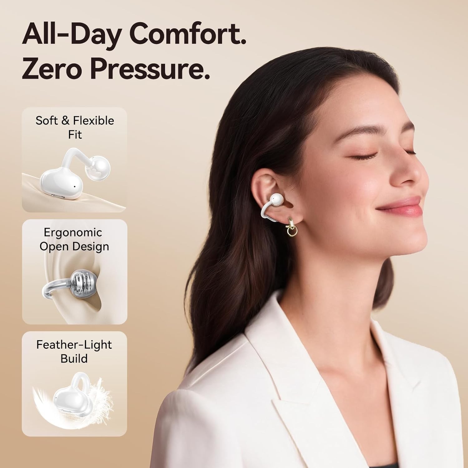 Jewelry-Inspired Clip-On Earbuds with Diamond Earrings, Comfortable Fit & 40H Pl