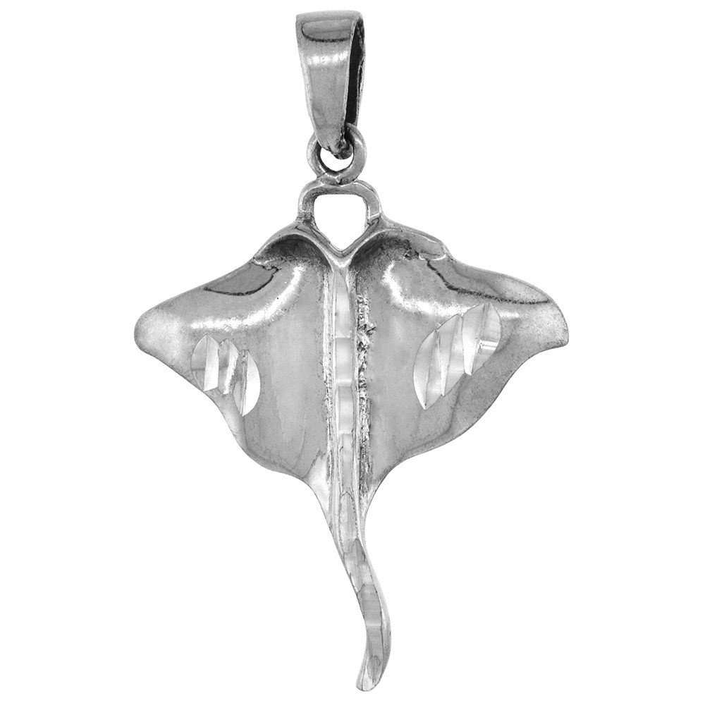 925 Sterling Silver Large Sting Ray Pendant 31mm Tall with 16 to 24 Inch Chain