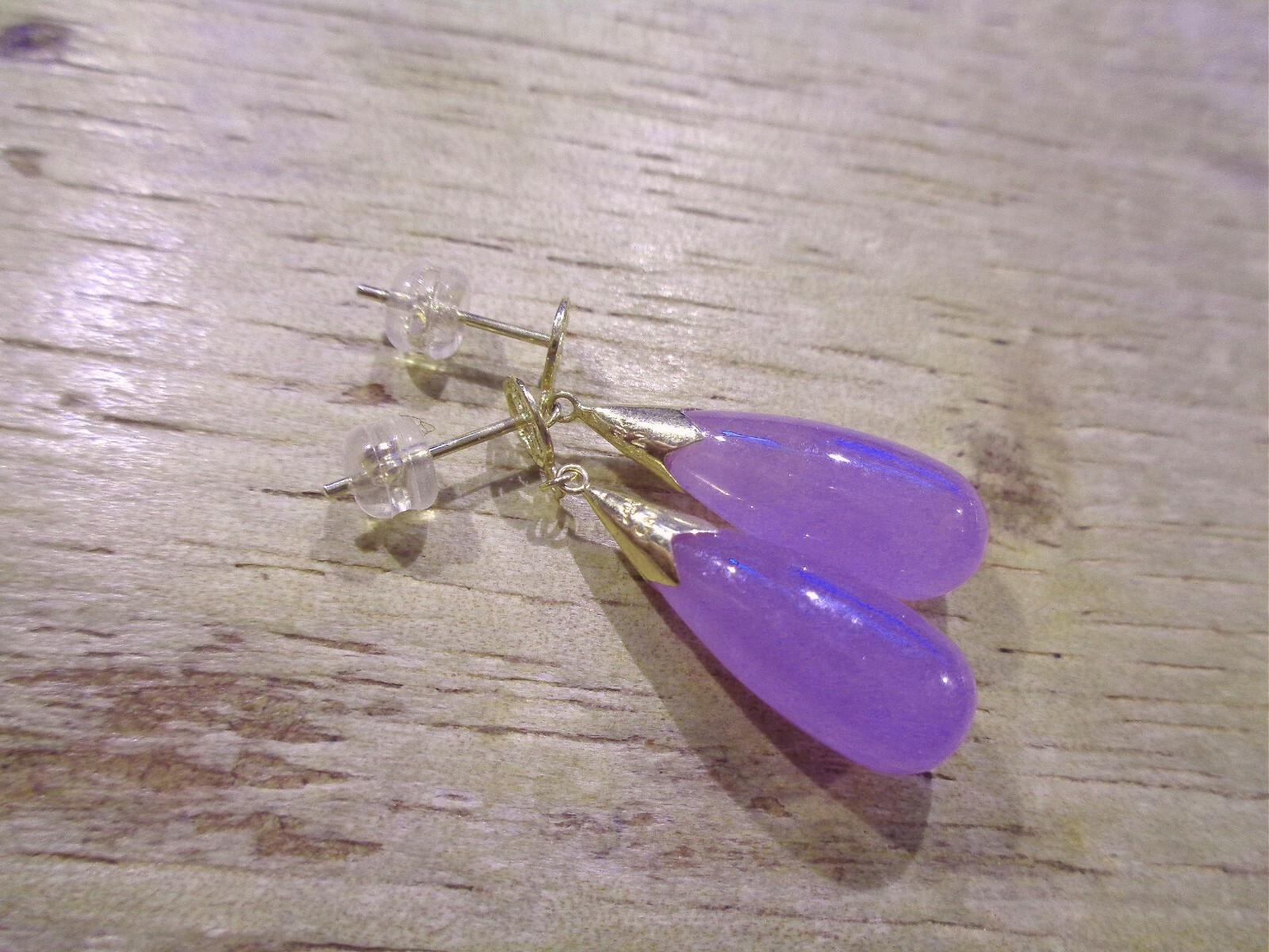 8MM 14K YELLOW GOLD GOOD FORTUNE TEARDROP LAVENDER JADE DANGLY STUD EARRINGS #1